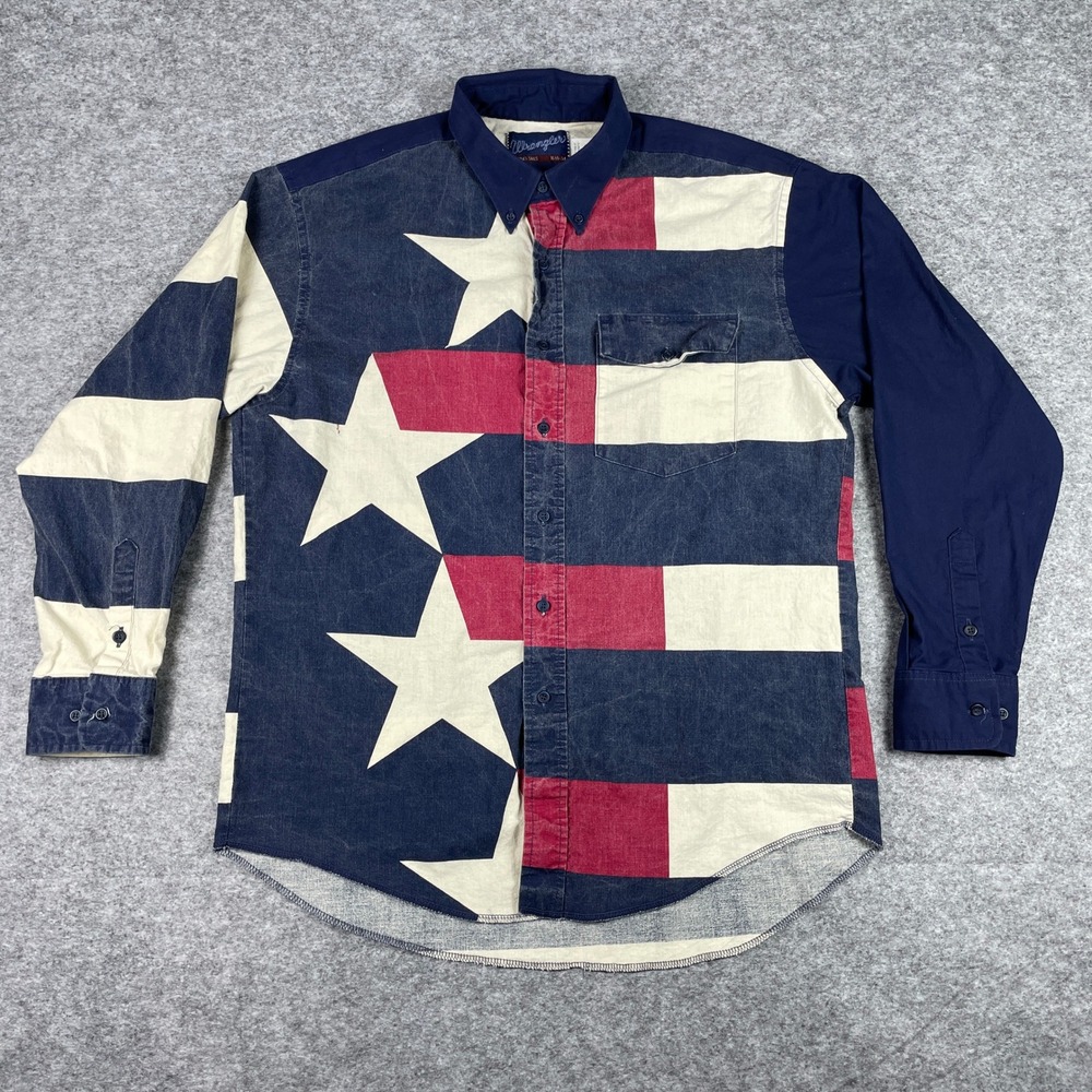 VTG Wrangler Shirt Mens 16.5x34 Blue Stars Stripes Patriotic Western Made In USA